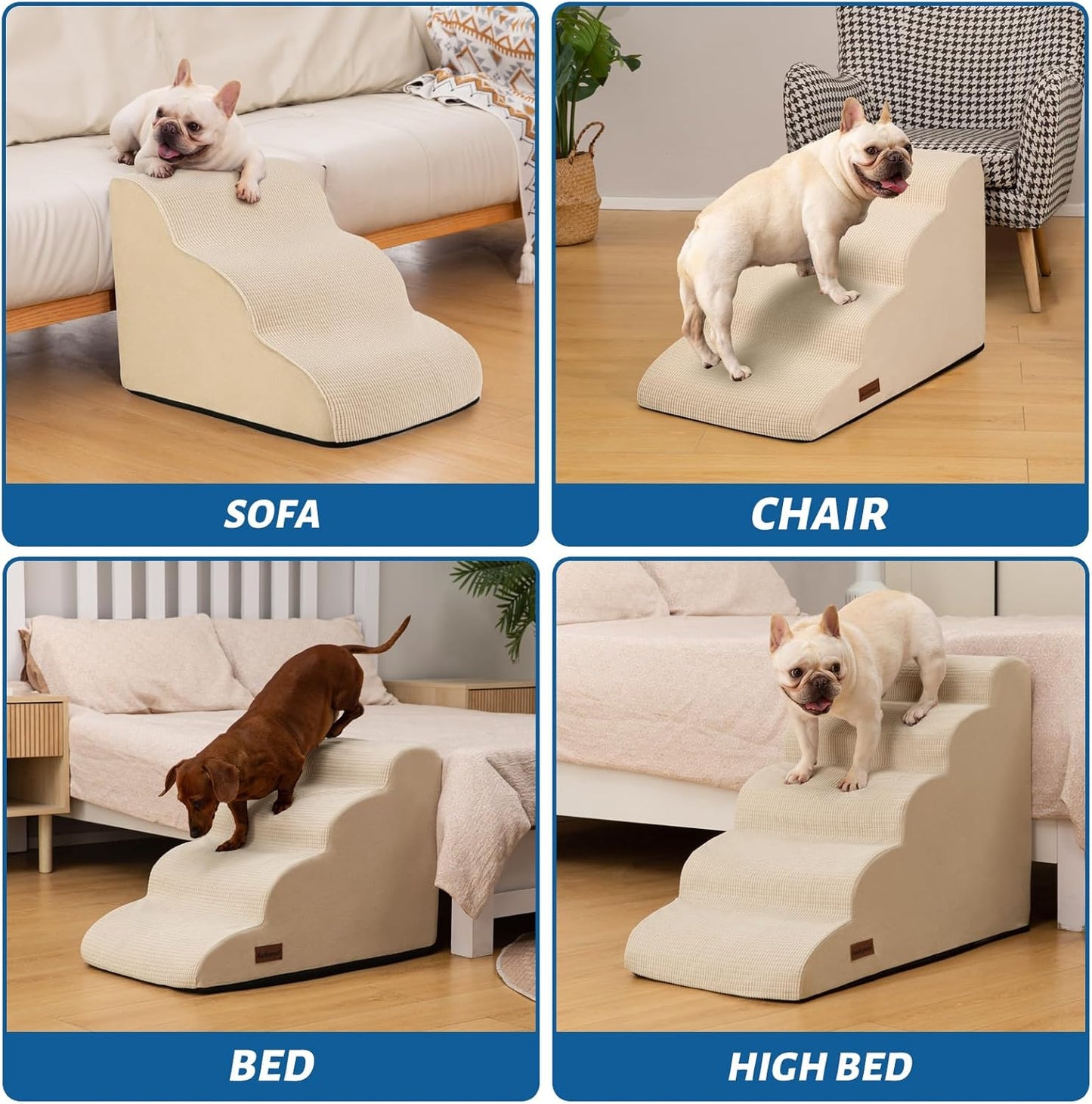 4-Step Dog Stairs and Ramp for Beds or Couches,Non-Slip Sturdy Pet Steps for Small Dogs and Cats,17.4" H,Beige
