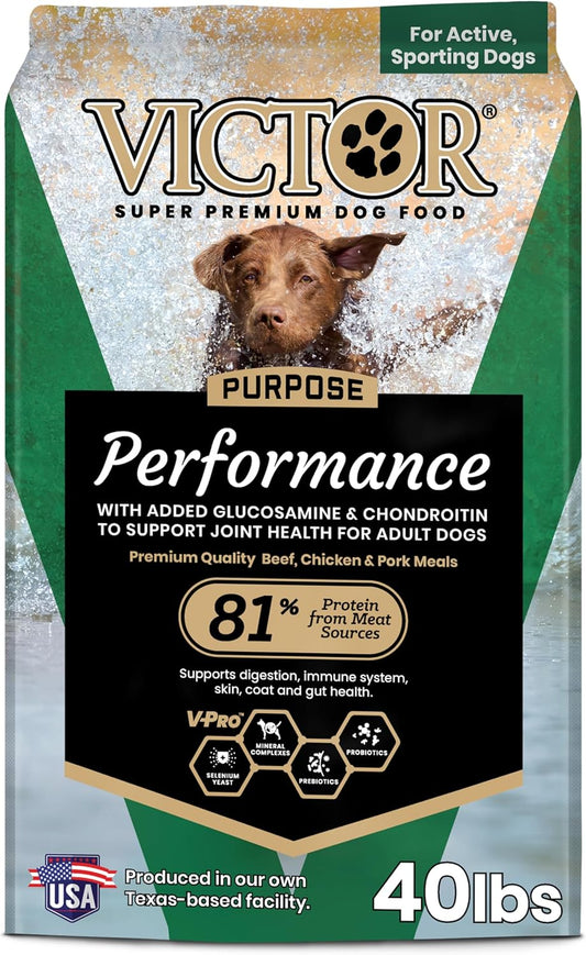 VICTOR Super Premium Dog Food – Performance Dry Dog Food from Beef, Chicken and Pork Meal – 26% Protein for Active Adult Dogs – Includes Glucosamine and Chondroitin for Hip and Joint Health, 40lbs