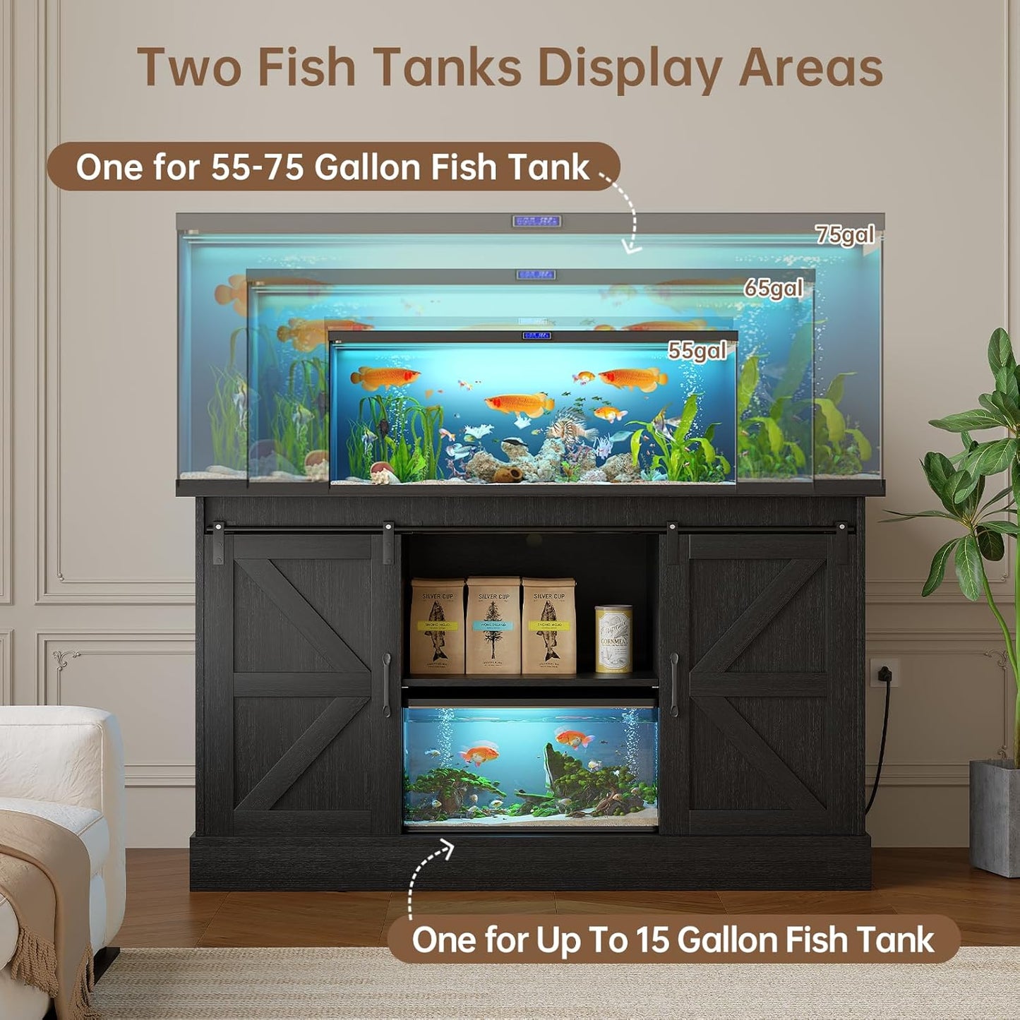 55-75 Gallon Fish Tank Stand with Sliding Barn Doors & Power Outlet, Heavy Duty Aquarium Stand with Cabinet Storage for Fish Tank, Turtle Tank, Reptile Terrarium, 1000LBS Capacity, Black