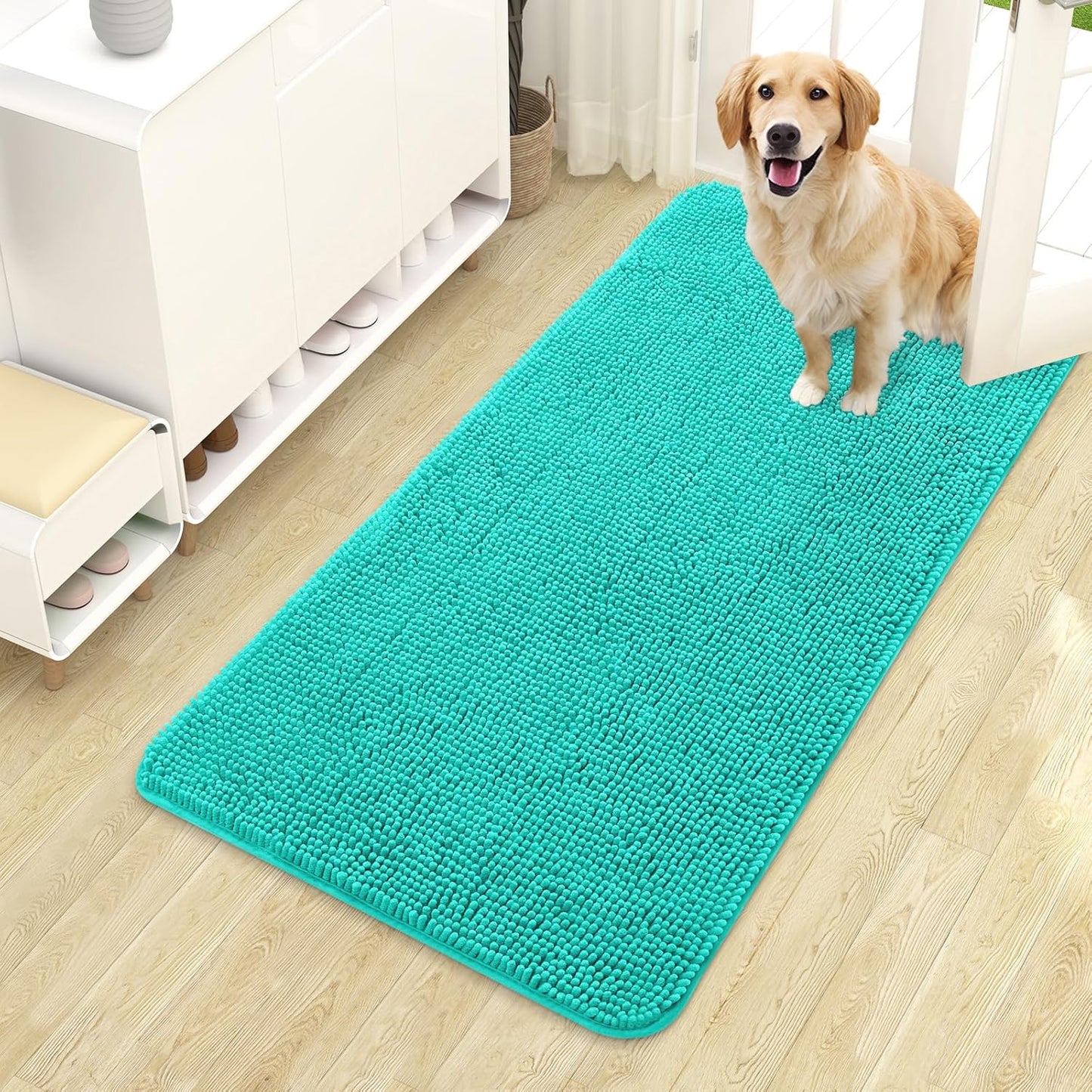 OLANLY Dog Door Mat for Muddy Paws 44x24, Absorbs Moisture and Dirt, Absorbent Non-Slip Washable Doormat, Quick Dry Chenille Mud Mat for Dogs, Entry Indoor Entryway Carpet for Inside Floor, Teal