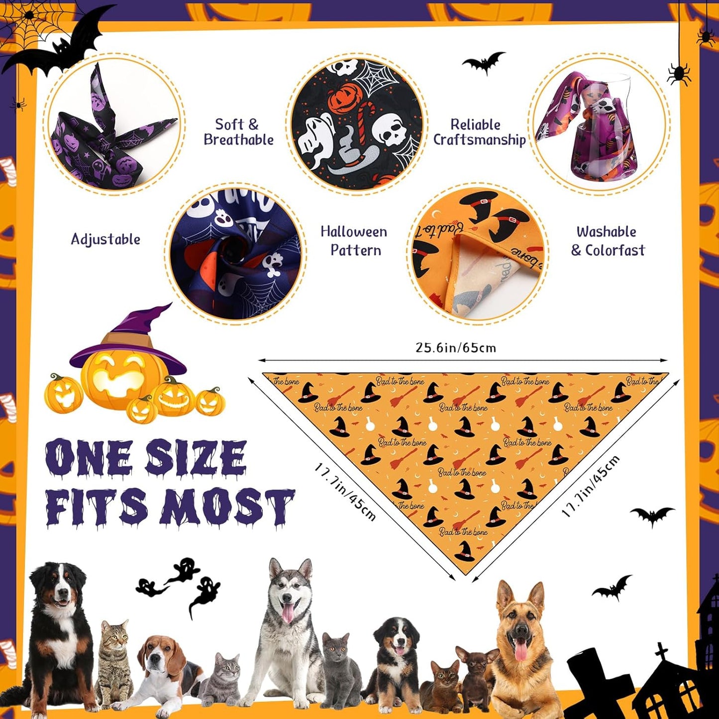 Abbylike 50 Pcs Halloween Dog Bandanas Bulk Pet Scarfs Triangle Bibs Adjustable Washable Puppy Kerchief Seasonal Pet Costume Accessories Grooming Supplies for Small Medium Large Dogs Cats