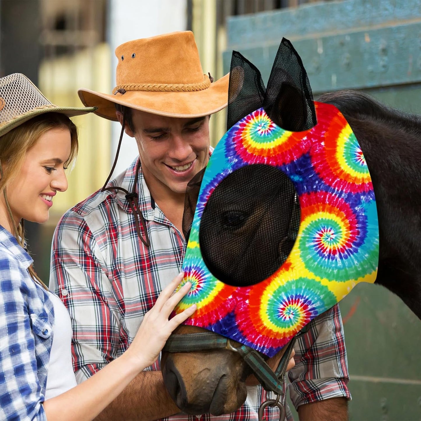 Frienda 4 Pieces Horse Fly Masks with Ears Face Covering UV Protection from Insect Pests Elasticity Smooth Comfortable Mesh Horse Mask Accessories(Tie-dye,Medium)