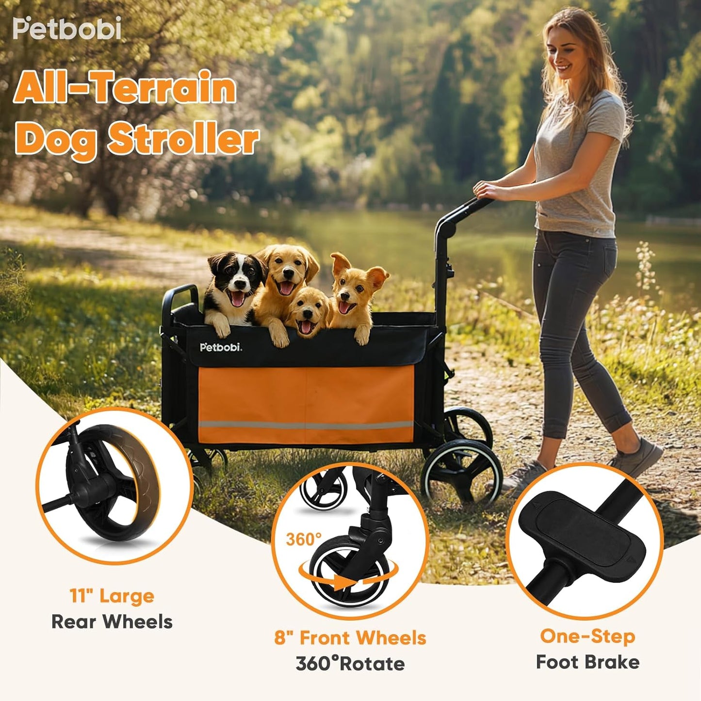Petbobi Dog Wagon Stroller for Large & Medium Dogs - 2-in-1 Push-Pull Pet Stroller with Ramp, Foldable All Terrain Wagon Cart, One-Step Brake, Suitable for Outdoor Walks & Camping, Orange
