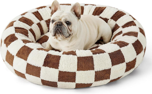 LE SURE Donut Medium Dog Bed - Round Cat Beds for Indoor Anti-Anxiety Calming Pet Beds, Washable Cute Modern Beds with Teddy Sherpa Plush & Anti Slip Bottom, 30 Inch, Brwon