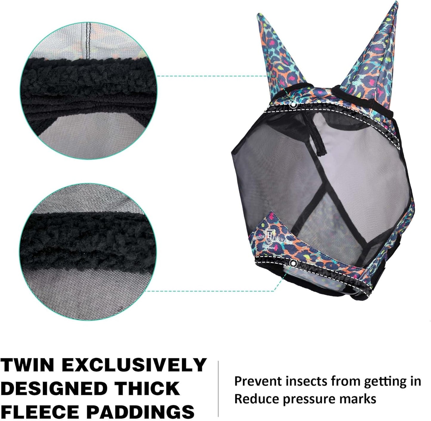 Harrison Howard Pro LumiVista Horse Half Face Fly Mask Large Eye Space with Ears UV Protection for Horse Iridescent Prints L