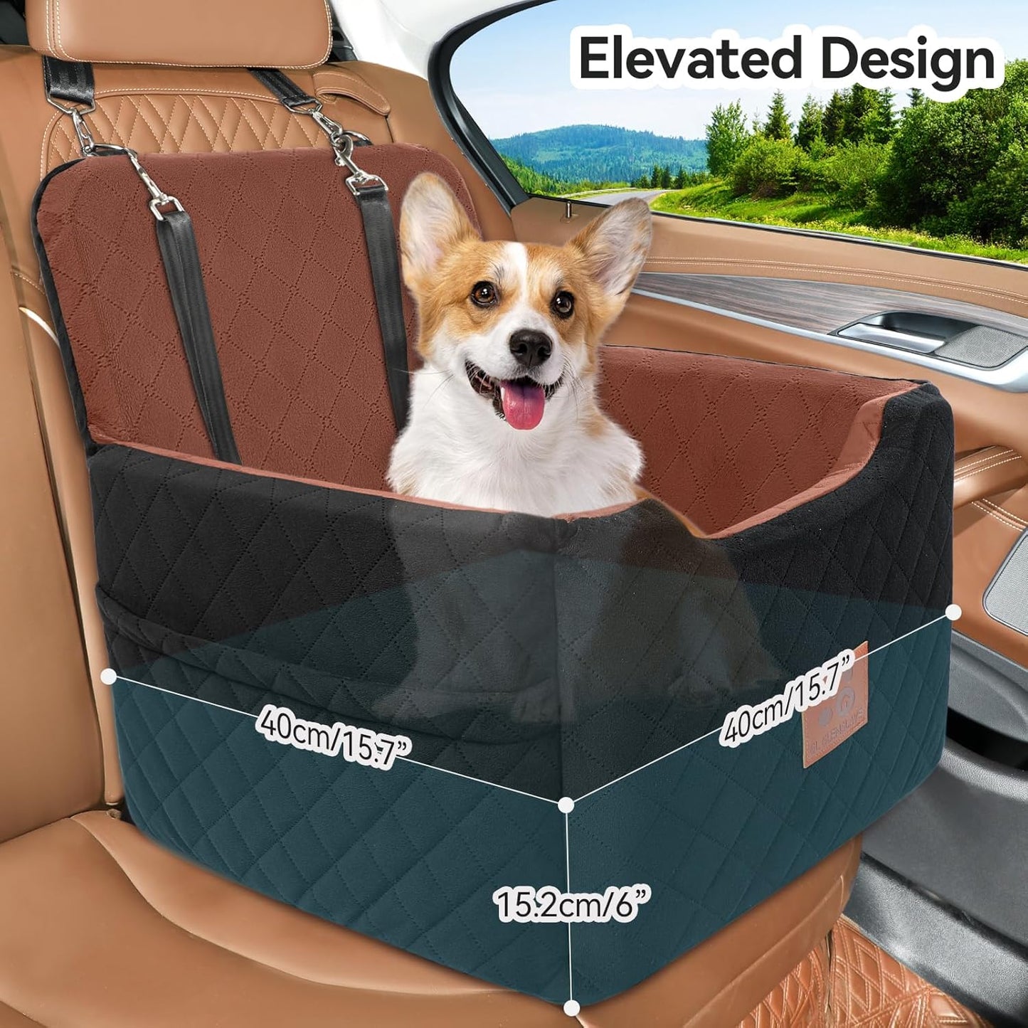 Dog Car Seat for Small/Medium Dogs Under 35lbs,Memory Foam Dog Booster Seats,Detachable and Washable Traval Pet Car Seat, Dogs Bed with 2 Safety Belts(Balck/Brown)