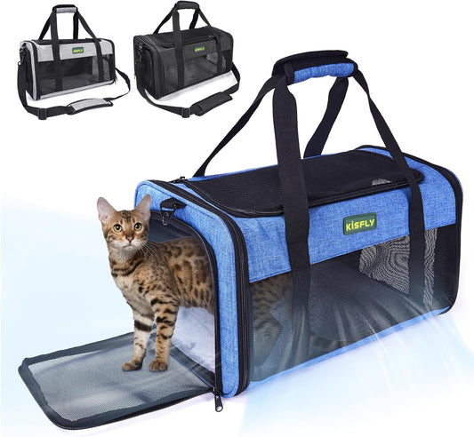 TSA-Approved Under-Seat Airline Pet Carrier – Soft-Sided, Foldable Travel Bag for Cats, Puppies, Rabbits & Hamsters (17"x11"x9.5"), Fits Pets up to 12 lbs, Blue
