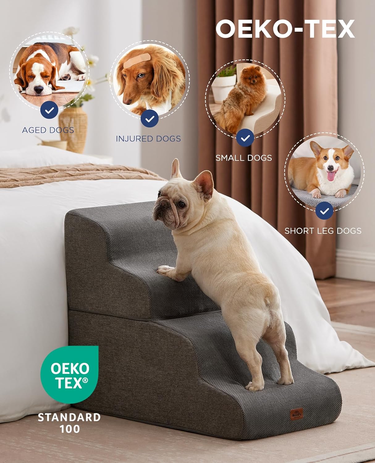 Gray Curved Dog Stairs Ramp for High Beds 28.7" H, 5-Step Dog Steps for Small Dogs and Cats, Pet Stairs for High Bed Climbing, Non-Slip Balanced Pet Step