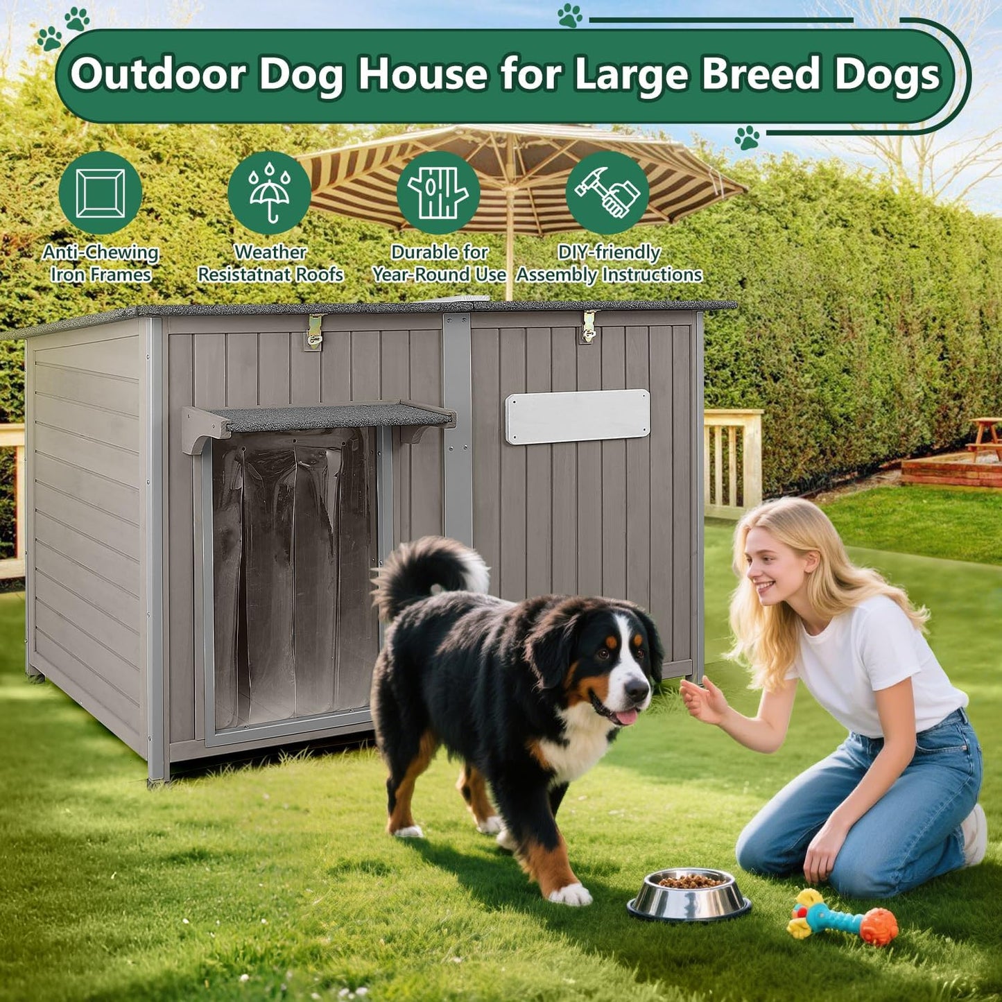 55" Extra Large Outdoor Dog House Weatherproof Wooden Doghouse Indoor for Large Breed Dogs with Anti Bite Frames with Window,10 Elevated Feet, Reinforced Bottom for Pet Up to 220LBS