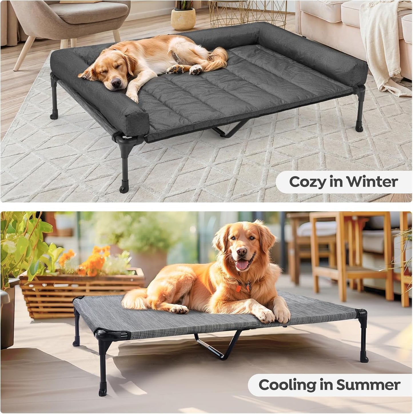 Veehoo Cooling Elevated Dog Bed Add Removable Waterproof Bolster Cushion Mat, Raised Pet Cot with Breathable Teslin Mesh, No-Slip Feet, Dog Sofa Bed for Indoor Outdoor, XLarge, Black Silver