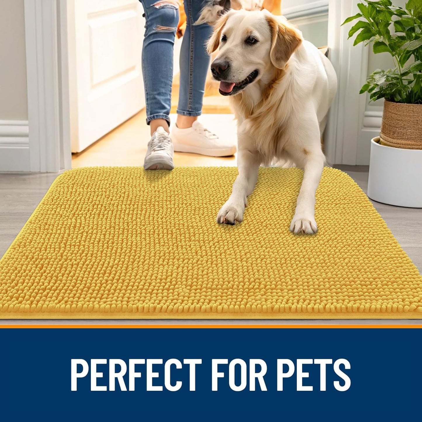 OLANLY Dog Door Mat for Muddy Paws 59x20, Absorbs Moisture and Dirt, Absorbent Non-Slip Washable Doormat, Quick Dry Chenille Mud Mat for Dogs, Entry Indoor Entryway Carpet for Inside Floor, Yellow