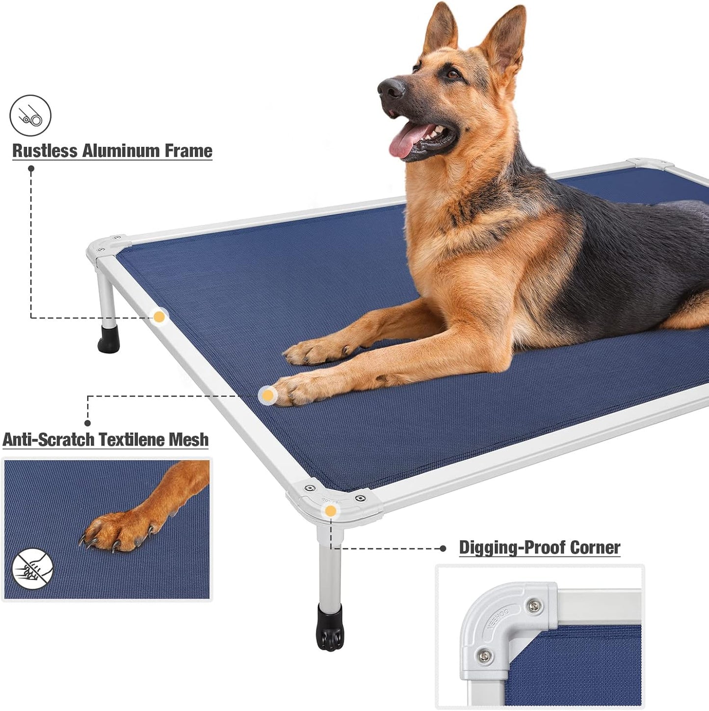 Veehoo Chew Proof Elevated Dog Bed - Cooling Raised Pet Cot - Silver Aluminum Frame and Durable Textilene Mesh Fabric, Unique Designed No-Slip Feet for Indoor or Outdoor Use, Blue, XX-Large, CWC2003
