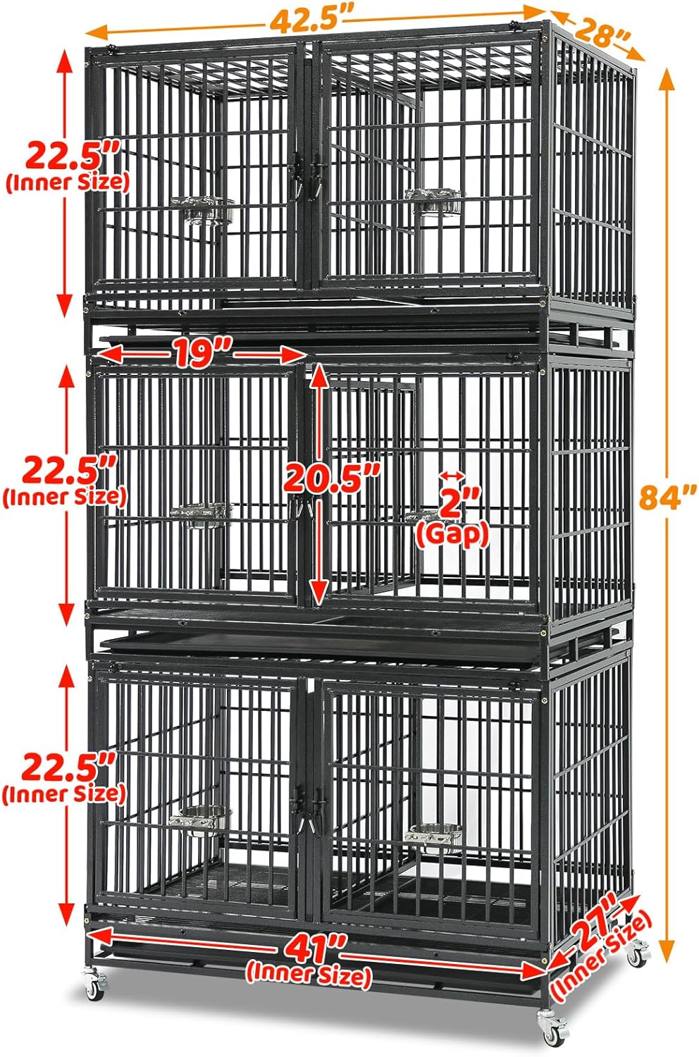 Homey Pet 3 Pack Three Tiers 43 inch Stackable Heavy Duty Dog Crate with Wheels, Indestructible Steel Dog Cage Kennel Indoor with Detachable Divider, Trays, Feeding Bowls, Escape Proof Locks