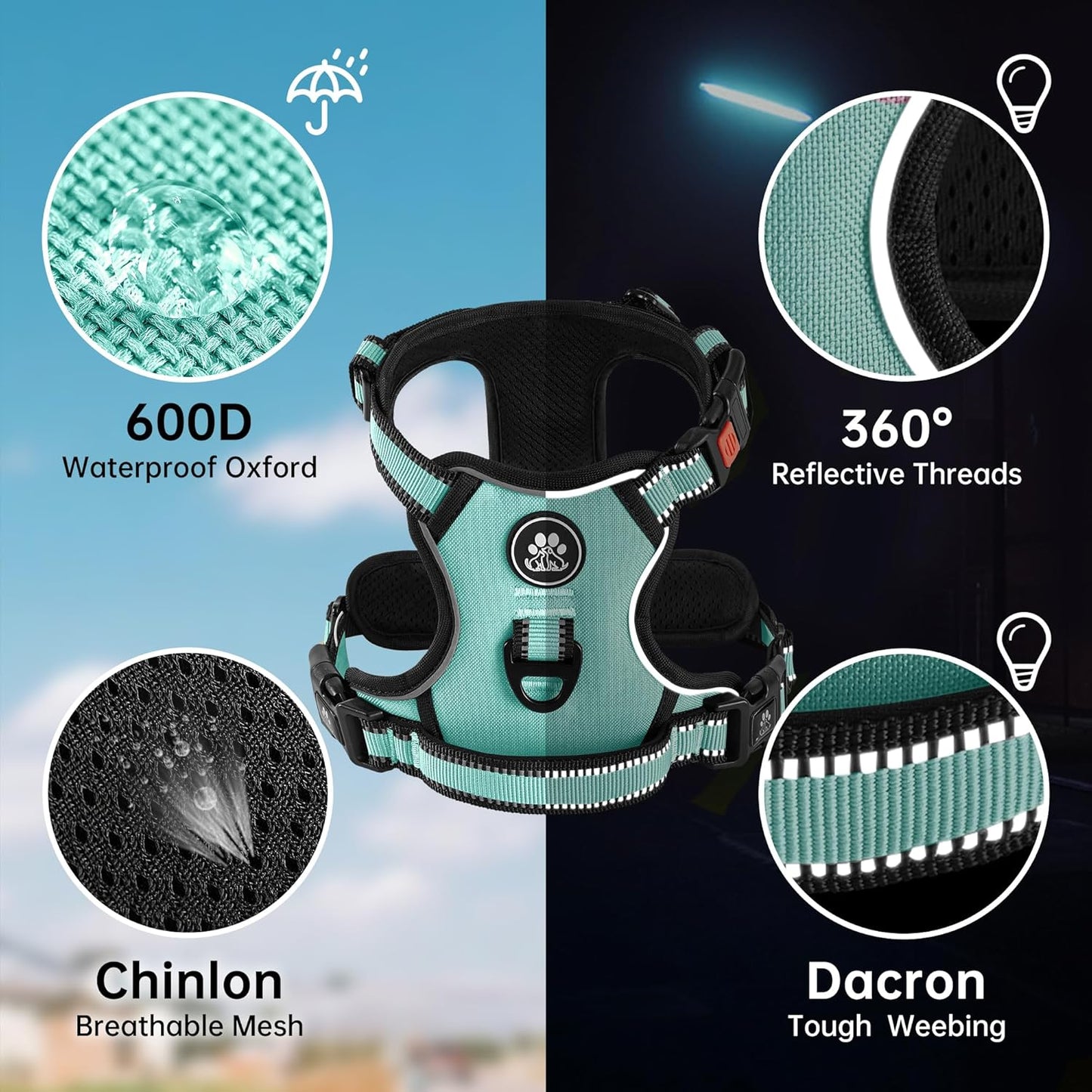 NESTROAD No Pull Dog Harness,Adjustable Oxford Dog Vest Harness with Leash,Reflective No-Choke Pet Harness with Easy Control Soft Handle for Large Dogs(X-Large,Turquoise)