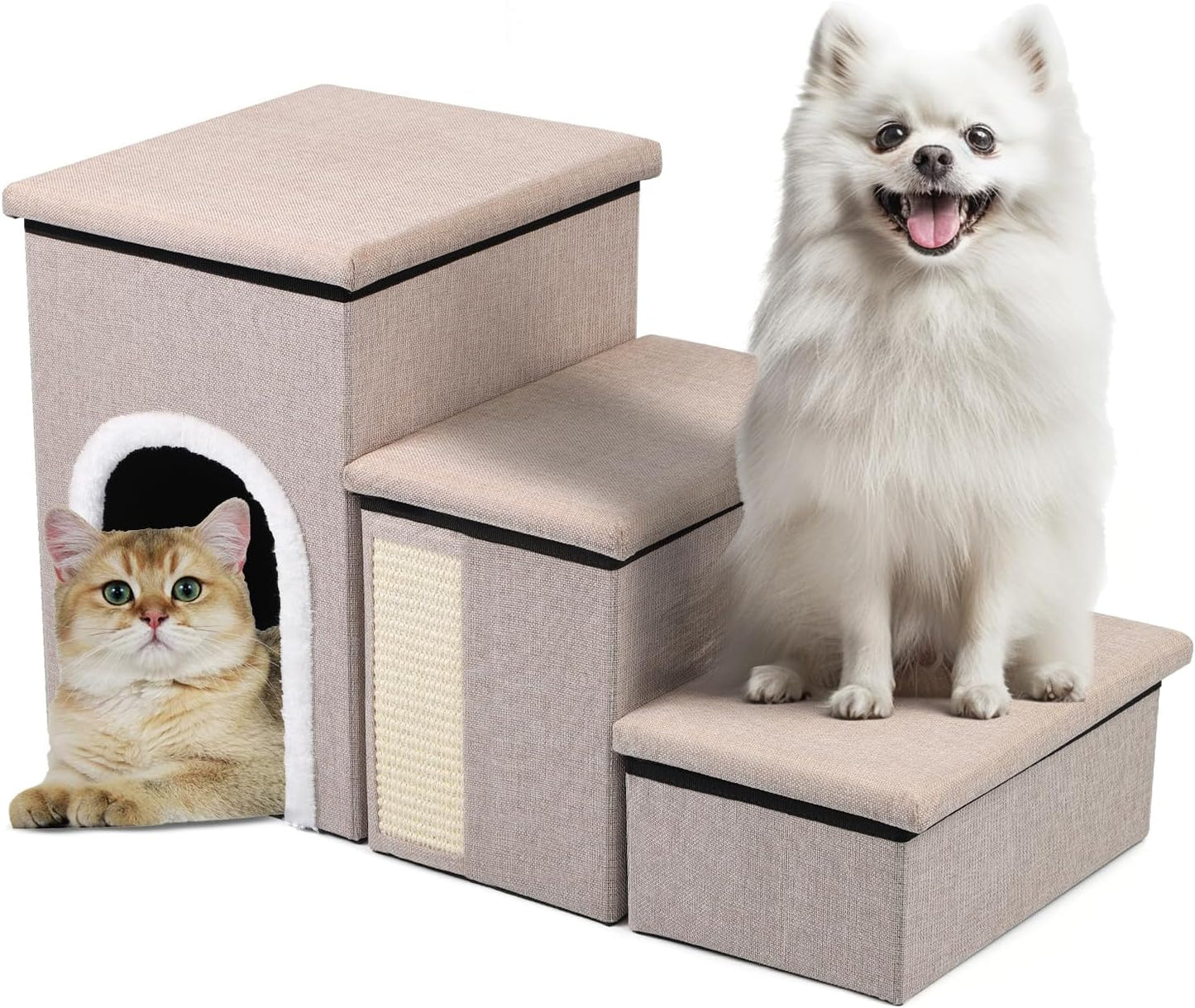 Dog Steps for Bed and Couch, 17”H Foldable Dog Stairs for Small Older Dogs Cats, Adjustable Pet Cat Stairs Ramps with Storage with Condo, Scratcher, Hold Up to 180LBS, Pet Cat Steps Beige