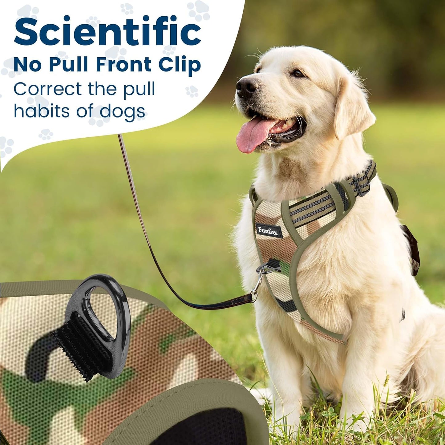 Funfox Dog Harness No Pull, Adjustable Pet Vest Harness, Super Soft Material with Vertical Handle Easy Control, Reflective Night Walking, 2 Leash Clips for XLarge Dogs, Camo Green, XL