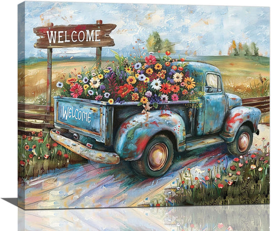 Farmhouse Truck Wall Art Rustic Country Wildflowers Wall Decor Road Flowers Landscape Pictures Canvas Print Painting Artwork for Bathroom Living Room Bedroom 20"x24"