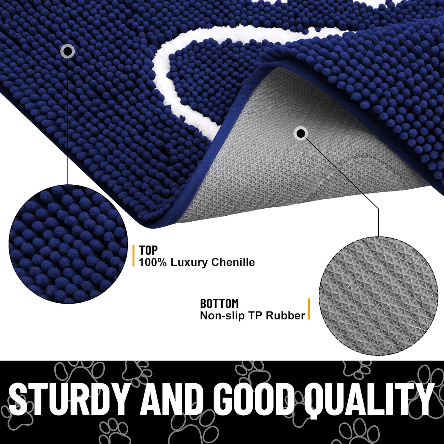 Smiry Dog Door Mat for Muddy Paws, Absorbent Dirt Trapper Non Slip Quick Dry Washable Chenille Mat for Mud Dogs, Entry Rug for Indoor and Outdoor (71x46 Inches,Navy Blue)