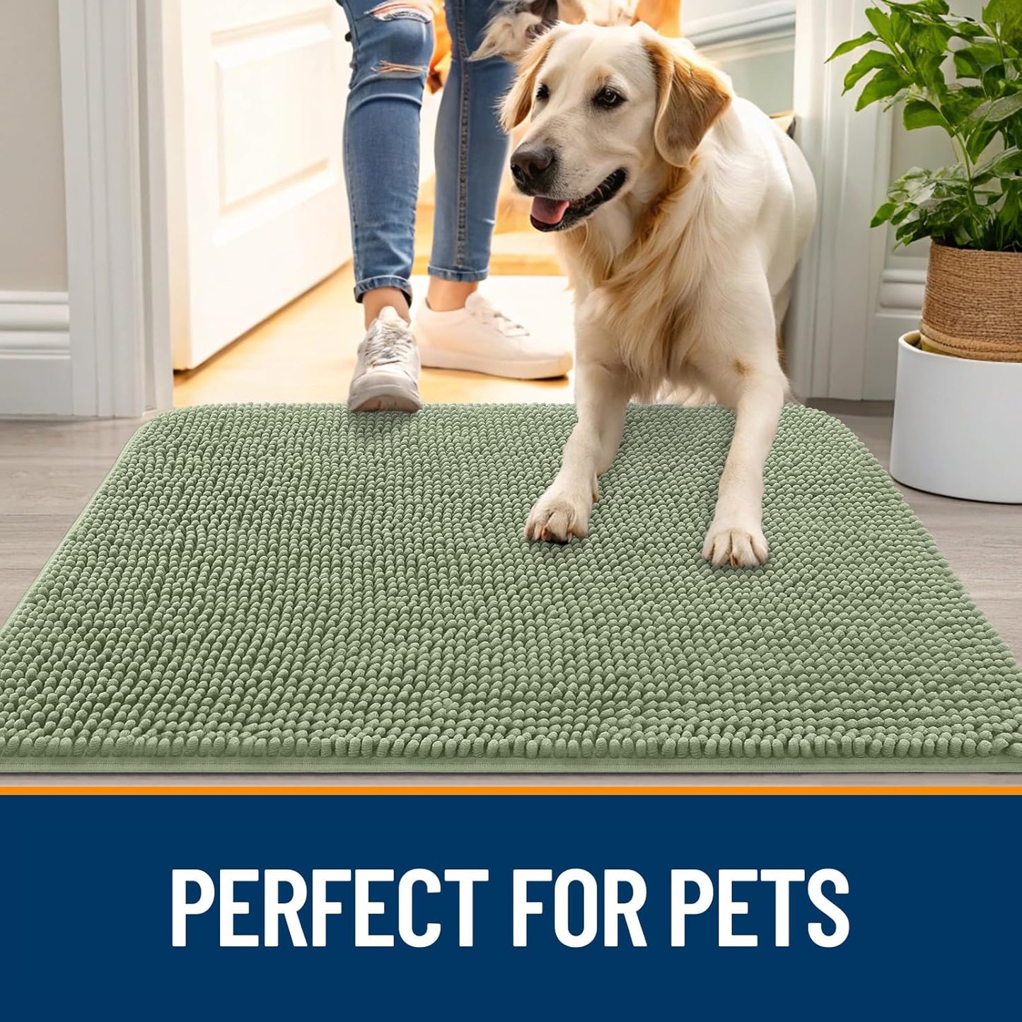 OLANLY Dog Door Mat for Muddy Paws 36x24, Absorbs Moisture and Dirt, Absorbent Non-Slip Washable Doormat, Quick Dry Chenille Mud Mat for Dogs, Entry Indoor Entryway Carpet for Inside Floor, Sage Green