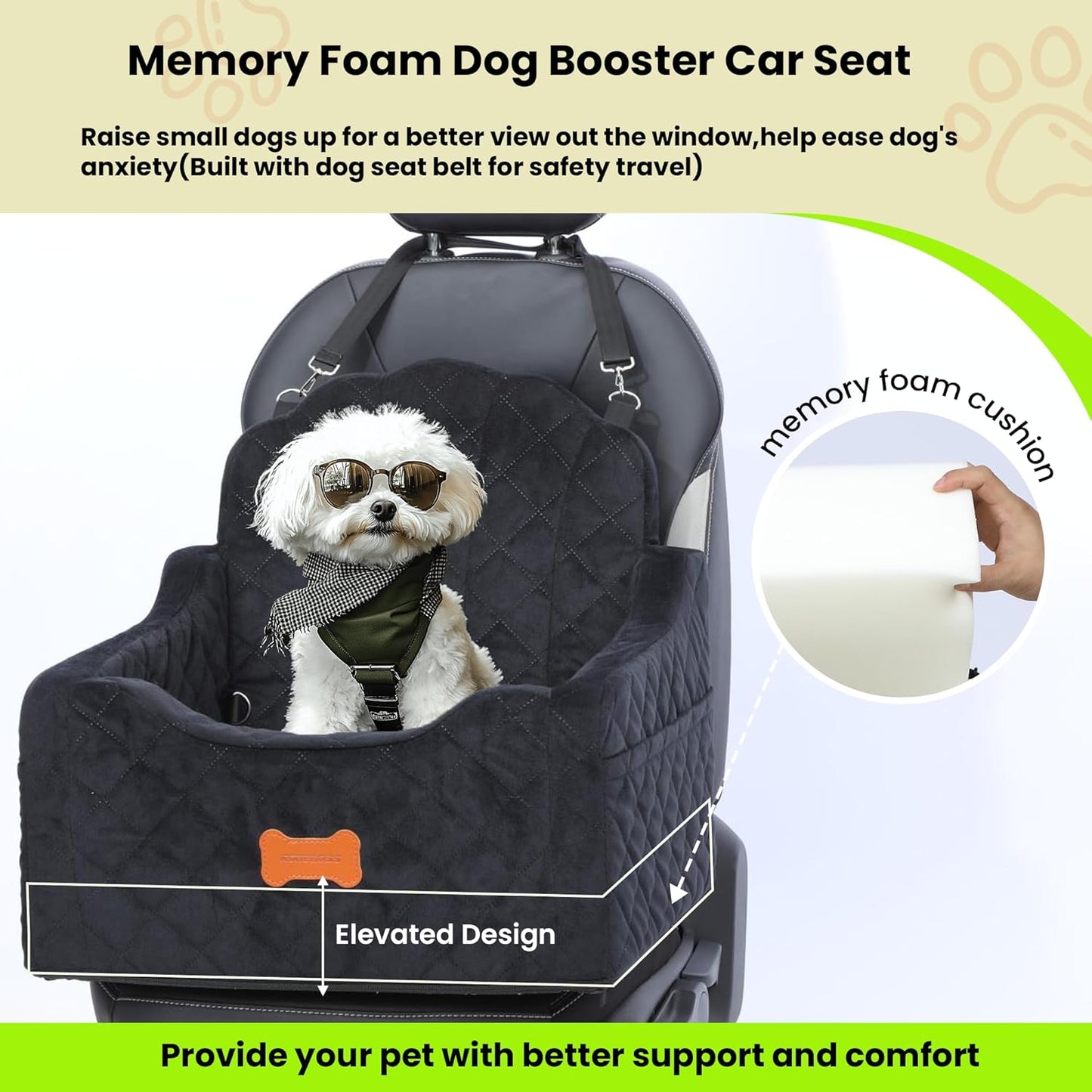Dog Car Seat for Small Dogs Under 30lbs, Detachable Washable Pet Booster Seat with Safety Belt & Storage Pockets, Travel Car Bed, Black