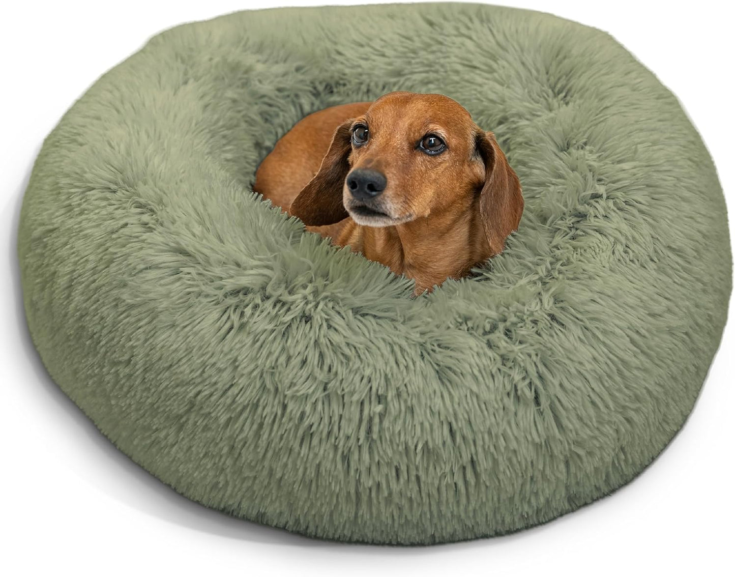 Best Friends by Sheri Original Calming Donut Dog and Cat Bed, Shag Faux Fur, Sage Green, (23in x 23in) - Anxiety Relief for Pets Up to 25 lbs