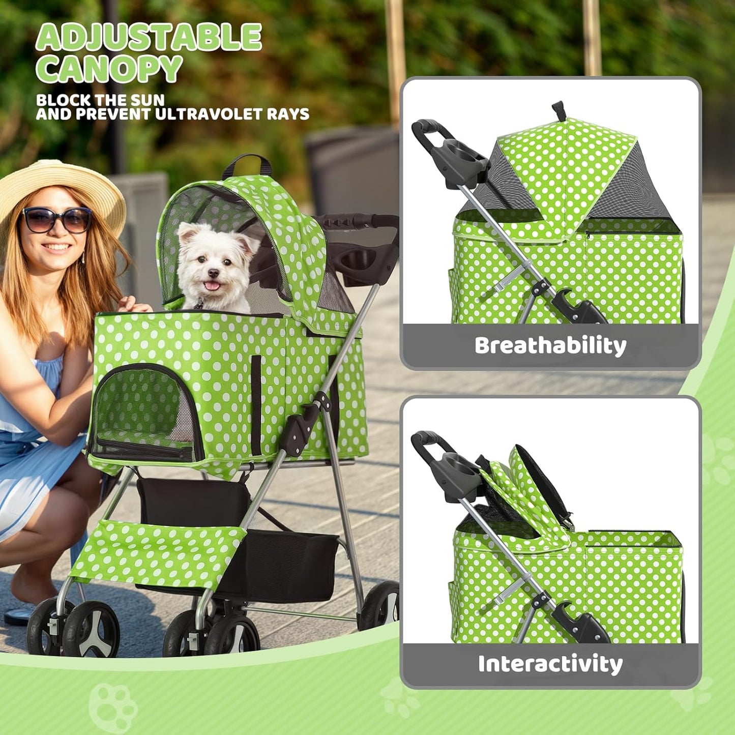 Magshion Foldable Pet Stroller, 3-in-1 Dog Travel Jogger with Detachable Carrier, Cup Holder, Storage Basket, Folding Carrier for Small/Medium Dogs & Cats Up to 33 lbs, Lawn Green Polka Dots