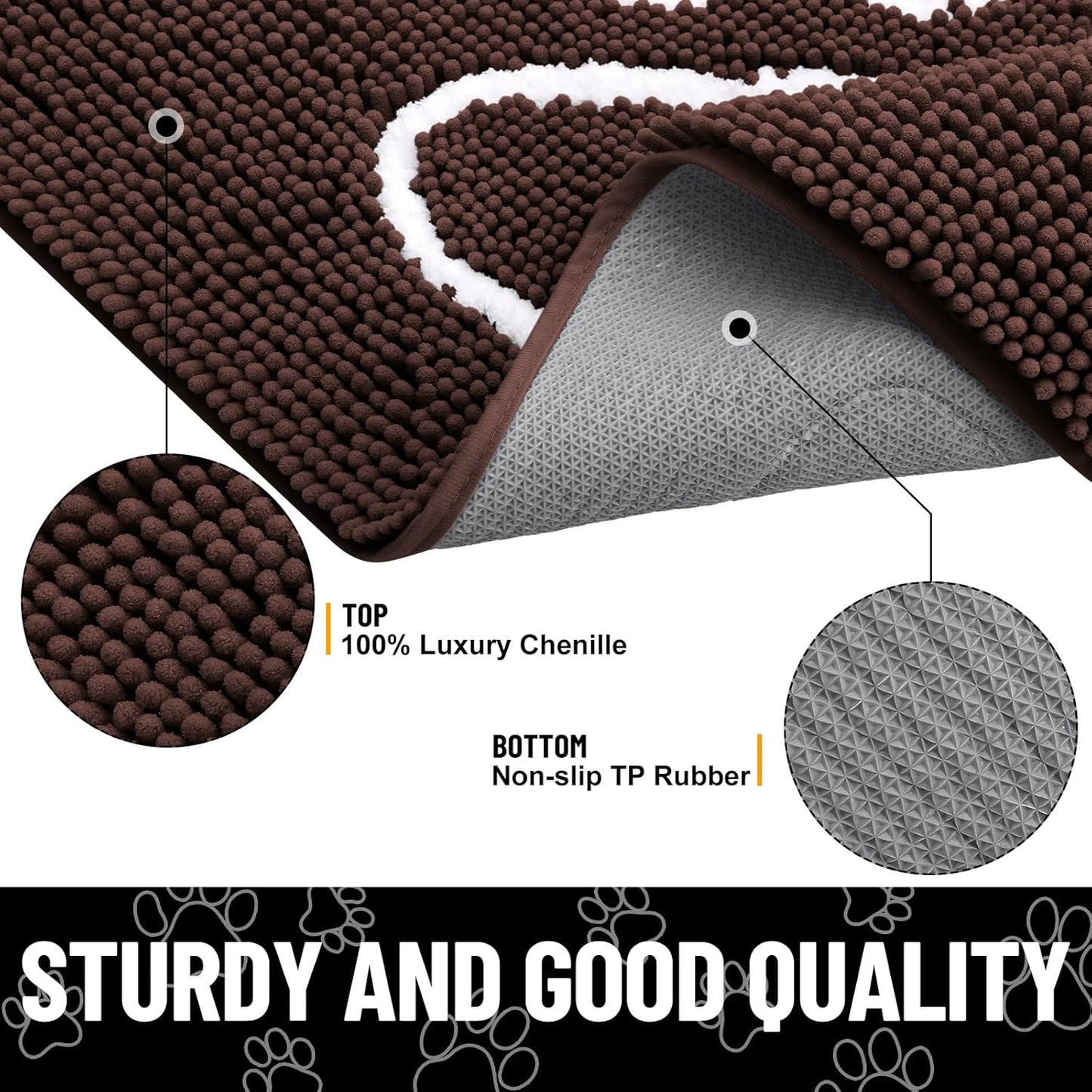 Smiry Dog Door Mat for Muddy Paws, Absorbent Dirt Trapper Non Slip Quick Dry Washable Chenille Mat for Mud Dogs, Entry Rug for Indoor and Outdoor (59x24 Inches, Brown and White)