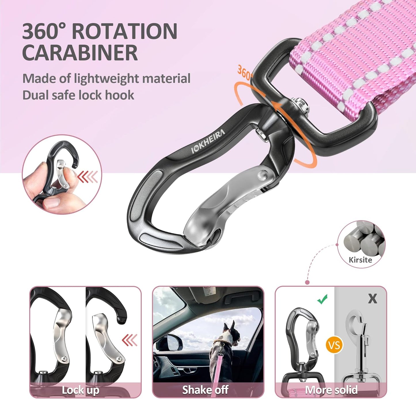 IOKHEIRA Dog Seatbelt - Adjustable Reflective Bungee Harness with Aluminum Swivel Carabiner