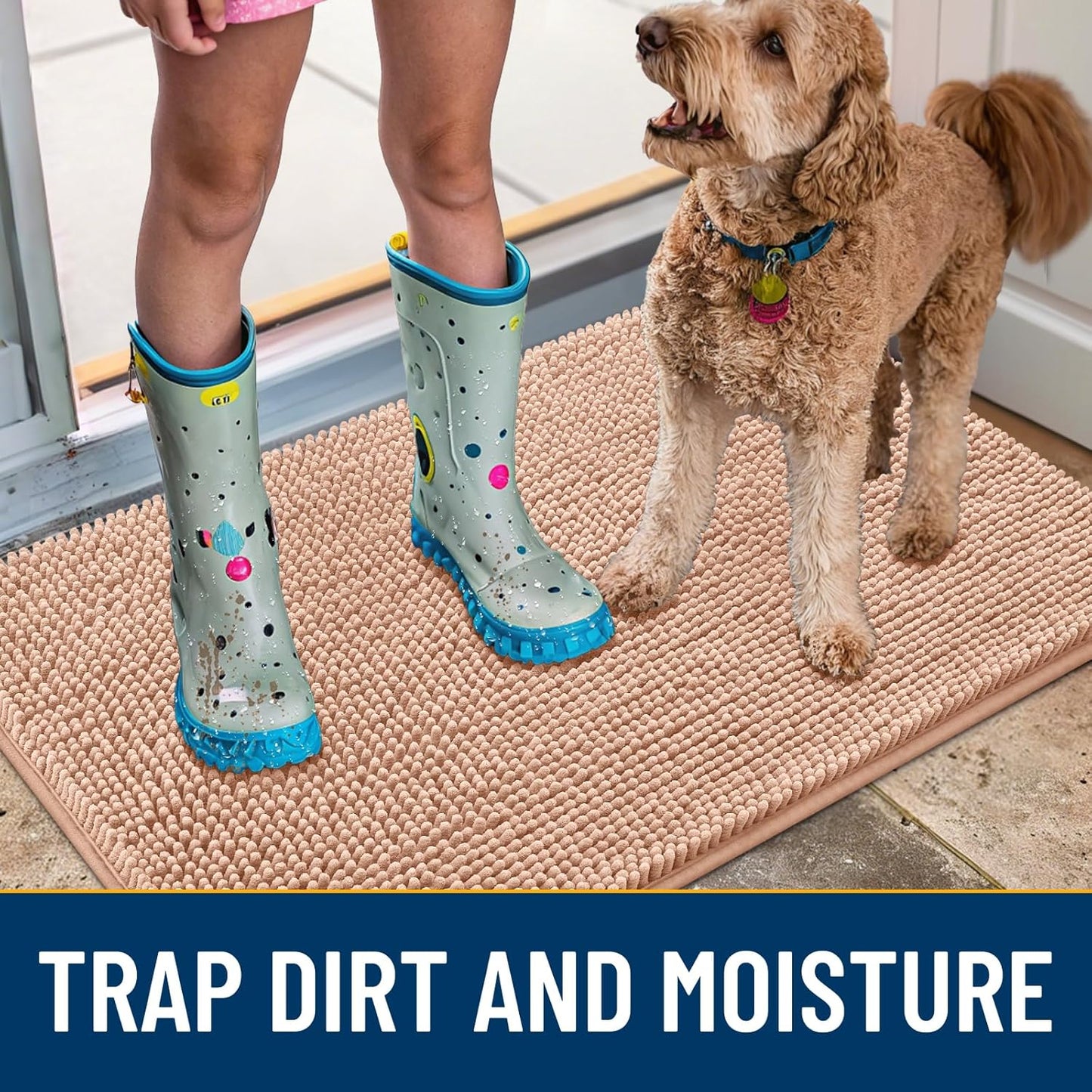 Smiry Dog Door Mat for Muddy Paws 48x30, Absorbs Moisture and Dirt Doormat, Non-Slip Washable Quick Dry Chenille Front Door Mat Indoor Entrance, Entryway Carpet for Inside Floor, Peach