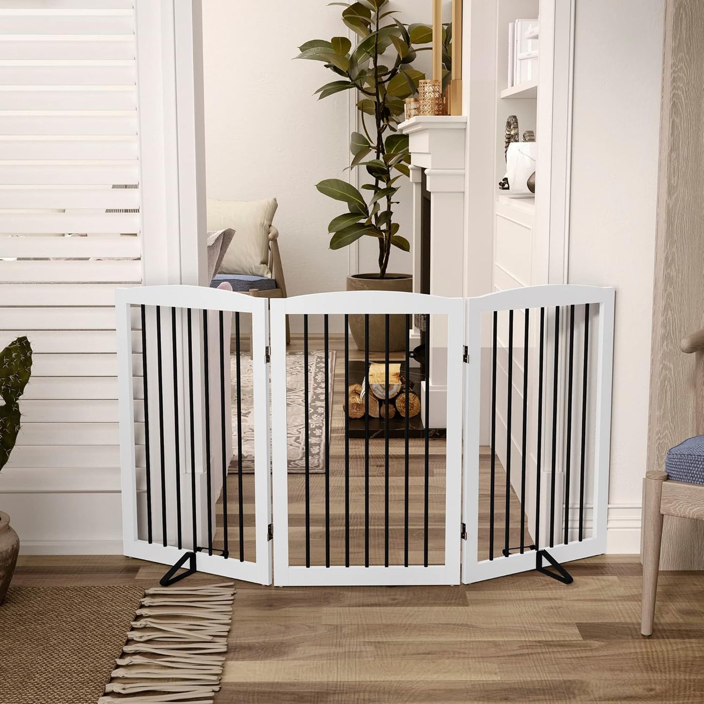Freestanding Pet Gate for Dogs, Foldable Wooden Dog Gate for House Indoor, Tall Pet Fence for Stair, Doorway,Hall, Support Feet Included, 3 Panels 32",White