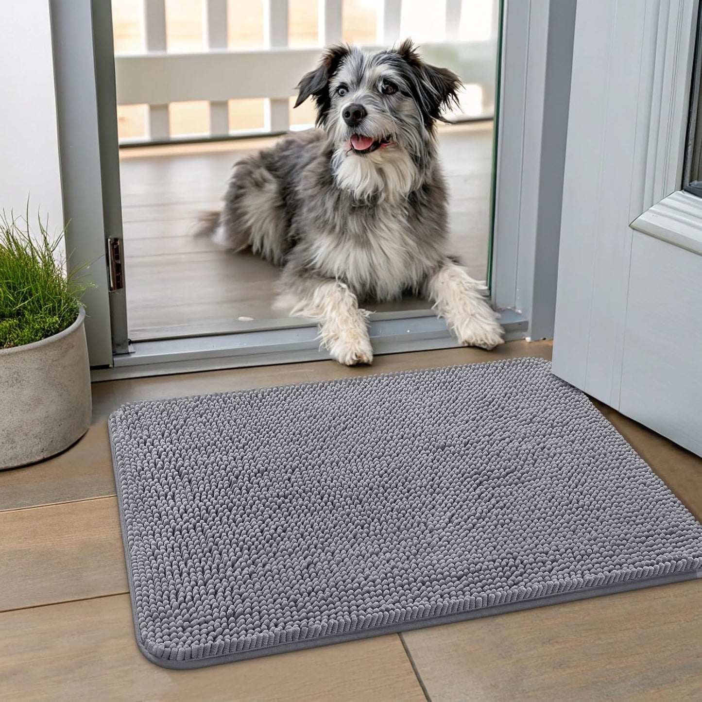 Smiry Dog Door Mat for Muddy Paws 24x16, Absorbs Moisture and Dirt Doormat, Non-Slip Washable Quick Dry Chenille Front Door Mat Indoor Entrance, Entryway Carpet for Inside Floor, Grey
