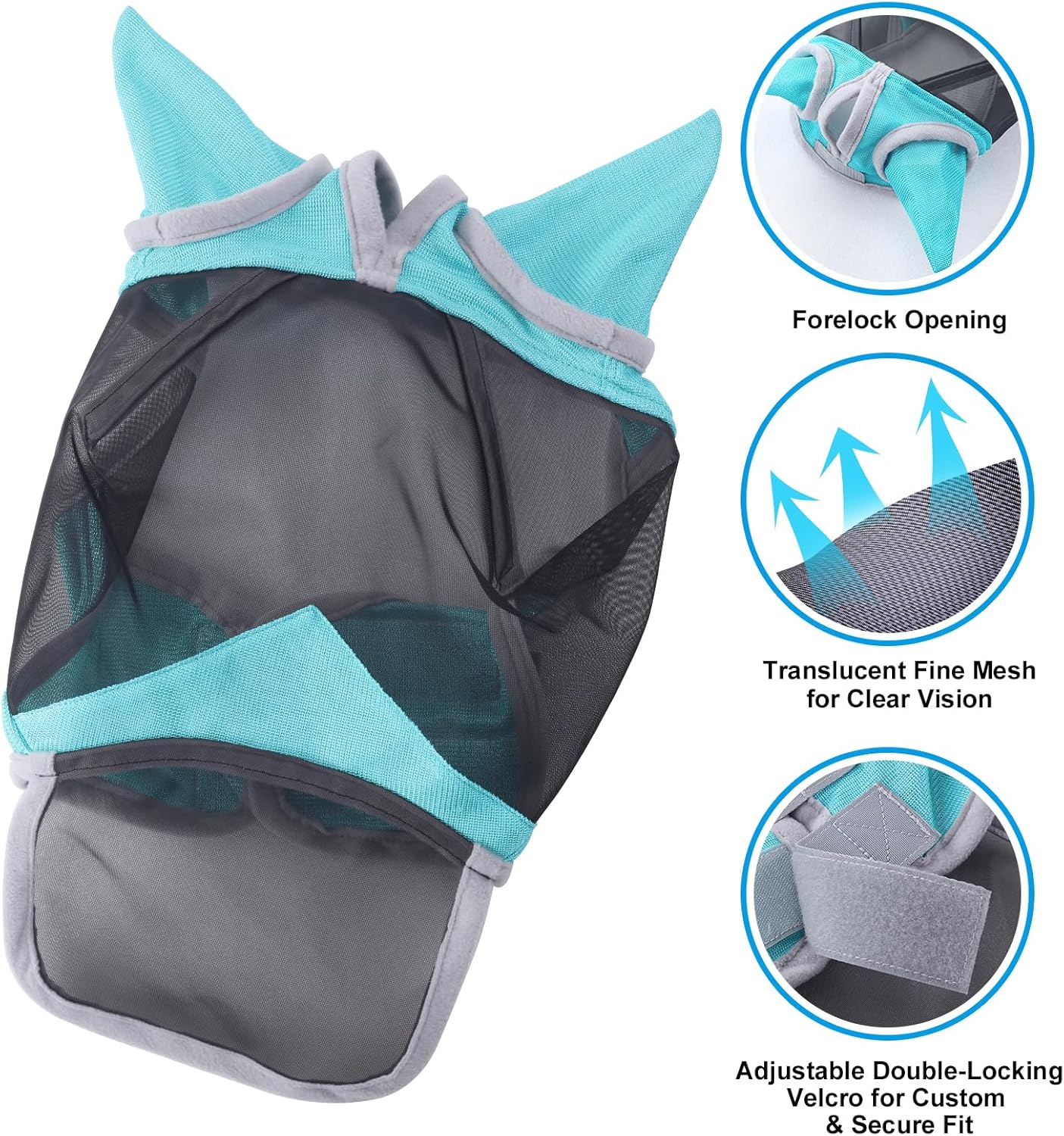 Horse Fly Mask with Ears & Long Nose Cover | Forelock Opening for Tangle-Free Mane Care | UV Protection & Breathable Mesh | No Rub Fit and Enhanced Visbility for Trail Riding Turquoise Full