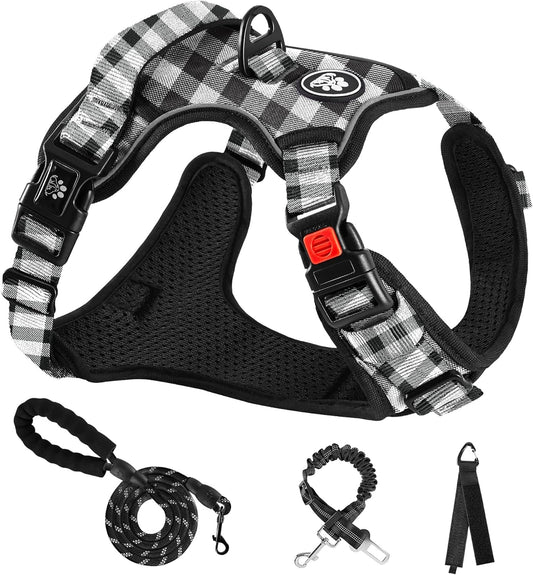 NESTROAD No Pull Dog Harness with Leash, Reflective No Choke Pet Vest Harness,Adjustable Soft Padded Dog Harness with Easy Control Handle for Medium Dogs(Checkered Black,Medium)