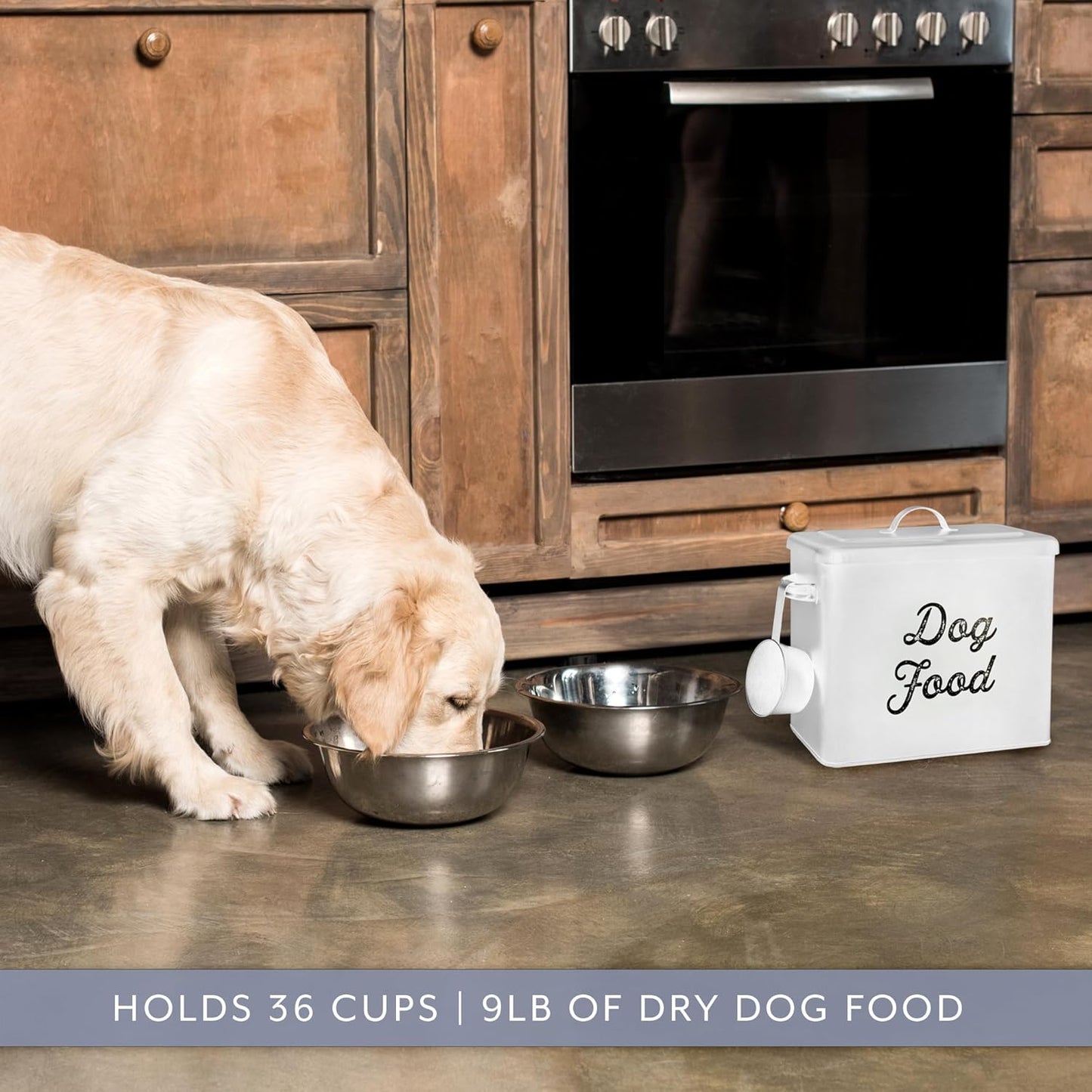 AuldHome Rustic Dog Food Canister; White Farmhouse Style Storage Bin for Small Dogs