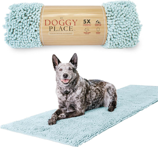 My Doggy Place Microfiber Dog Mat for Muddy Paws, 8' x 2' Light Blue - Non-Slip, Absorbent and Quick-Drying Dog Paw Cleaning Mat, Washer and Dryer Safe - Hallway Runner
