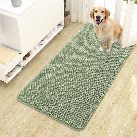 OLANLY Dog Door Mat for Muddy Paws 44x24, Absorbs Moisture and Dirt, Absorbent Non-Slip Washable Doormat, Quick Dry Chenille Mud Mat for Dogs, Entry Indoor Entryway Carpet for Inside Floor, Sage Green