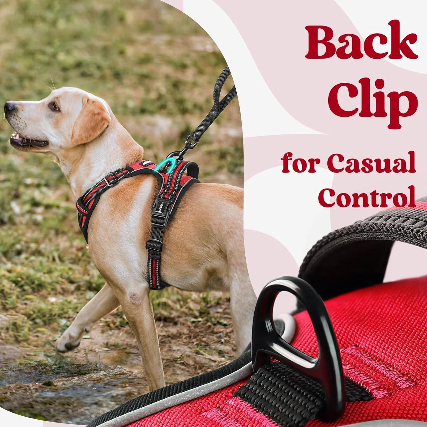 rabbitgoo Dog Harness for Large, No Pull Pet Harness with 3 Buckles, Adjustable Soft Padded Vest with Control Handle, Walking Reflective Pet Vest for Large Dogs, Red, L