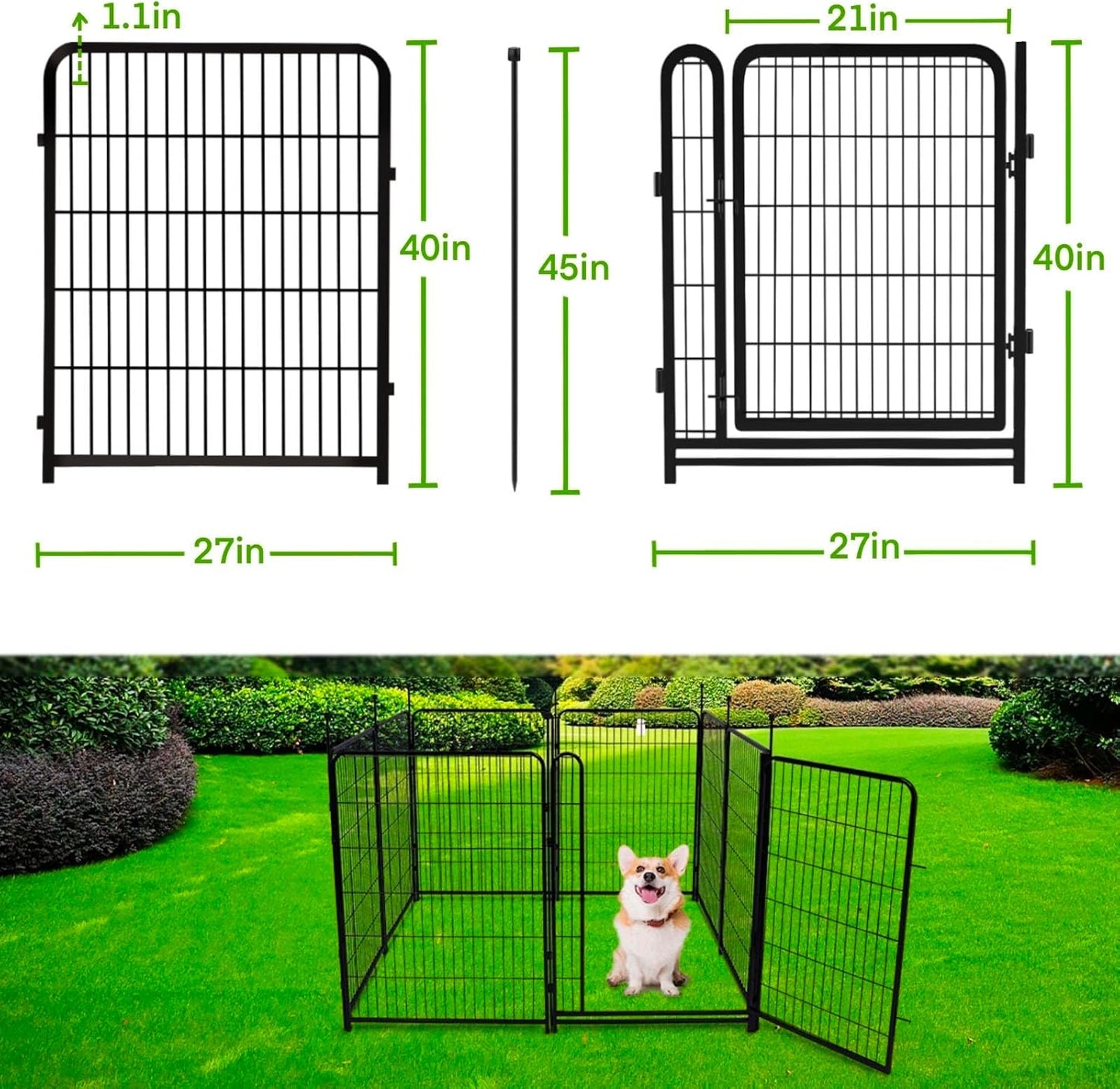 Garden Fencing 40 inch High, Dog Fence Outdoor for Yard, 8 Panels Total 18Ft(L)，Gate 21 inches Wide with Low Sills. Fencing for Garden Beds, Rabbit Fence, Anti Dig Fences Barrier