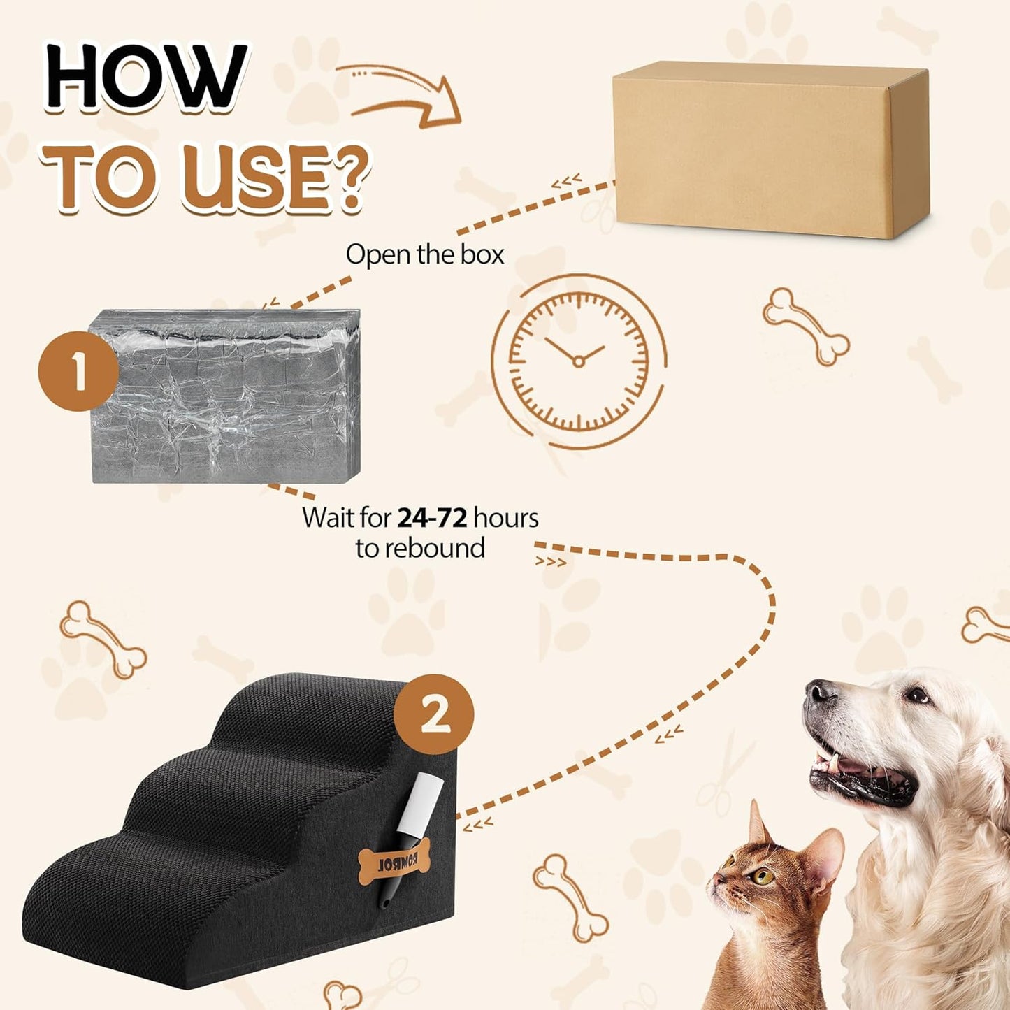 Romrol Dog Stairs Ramp for Beds Couches, Extra Wide Pet Steps with Durable Non-Slip Waterproof Fabric Cover, Dog Slope Stairs for Small Dogs and Cats or Pets Friendly, 3-Tiers, 13 Inch,Black