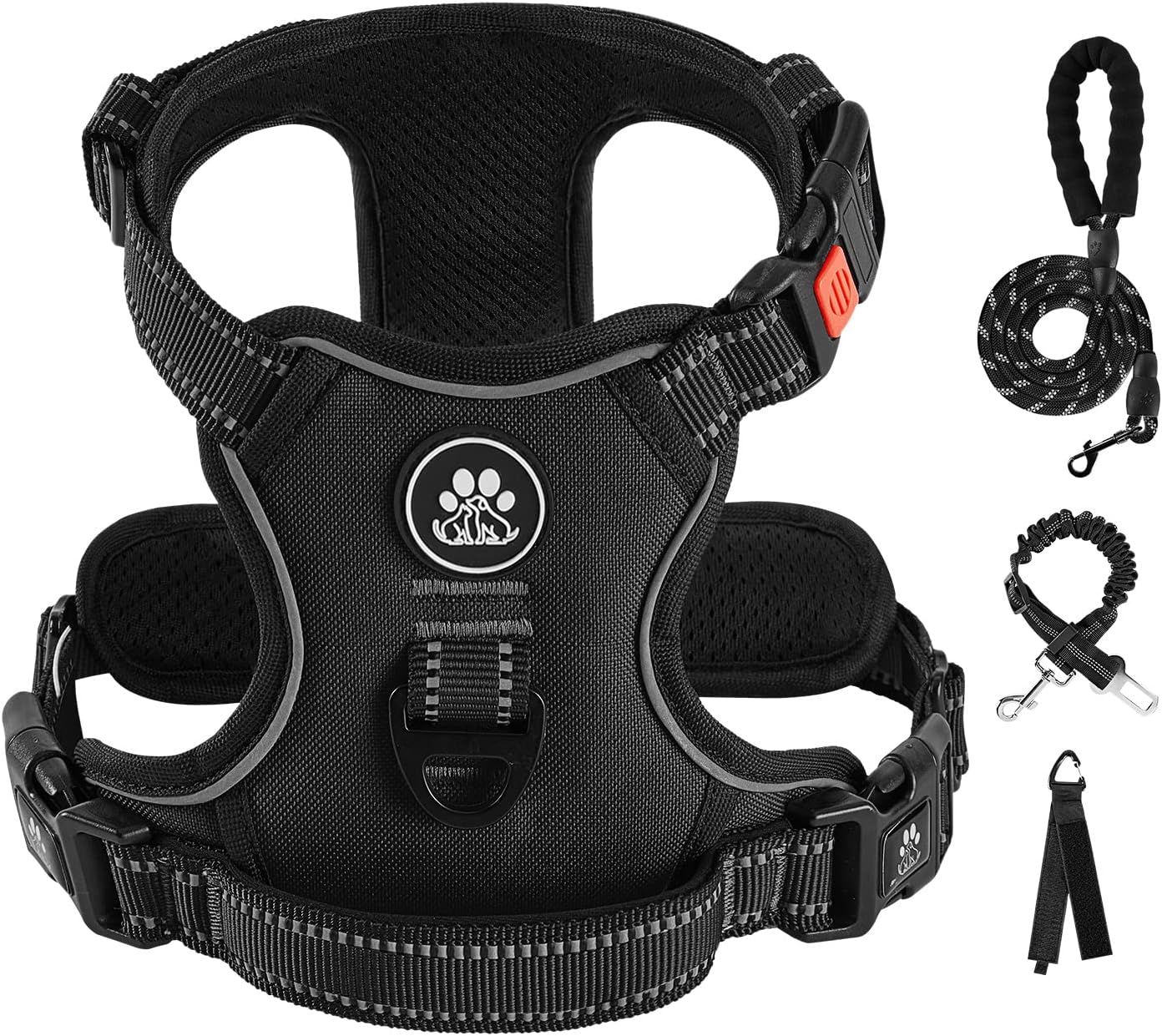 IVY&LANE No Pull Dog Harness for Large Dogs, Dog Vest Harness with Leash, Safety Belt and Storage Strap, Fully Adjustable Harness, 360° Reflective Strip, Soft Handle (Black, L)