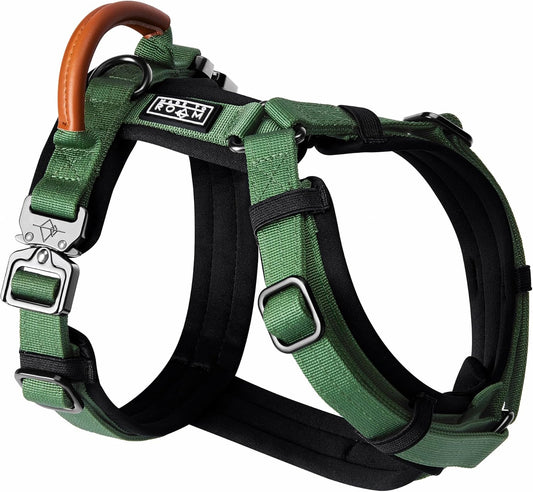 MADE TO ROAM Premium Explorer Harness - Y-Shaped Dog Harness with Adjustable Durable Nylon, Soft Padding, Metal Buckles and Leather Handle for Small, Medium, Large Dogs (Oregon Haze, Size 6)
