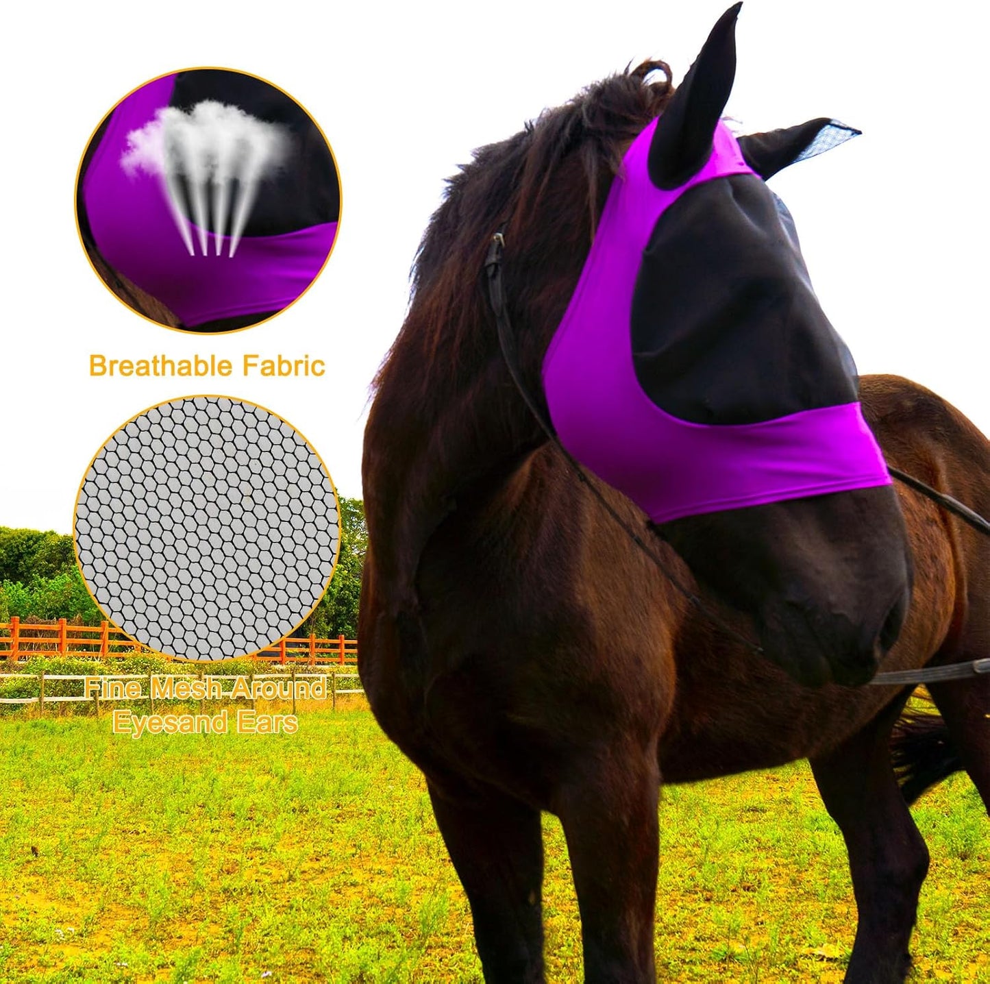 2 Piece Horse Fly Mask with Ears, Comfortable Fit Stretch Fabric Big Eye Space Soft Breathable with UV Protection for Full Horses (Purple-Gray)