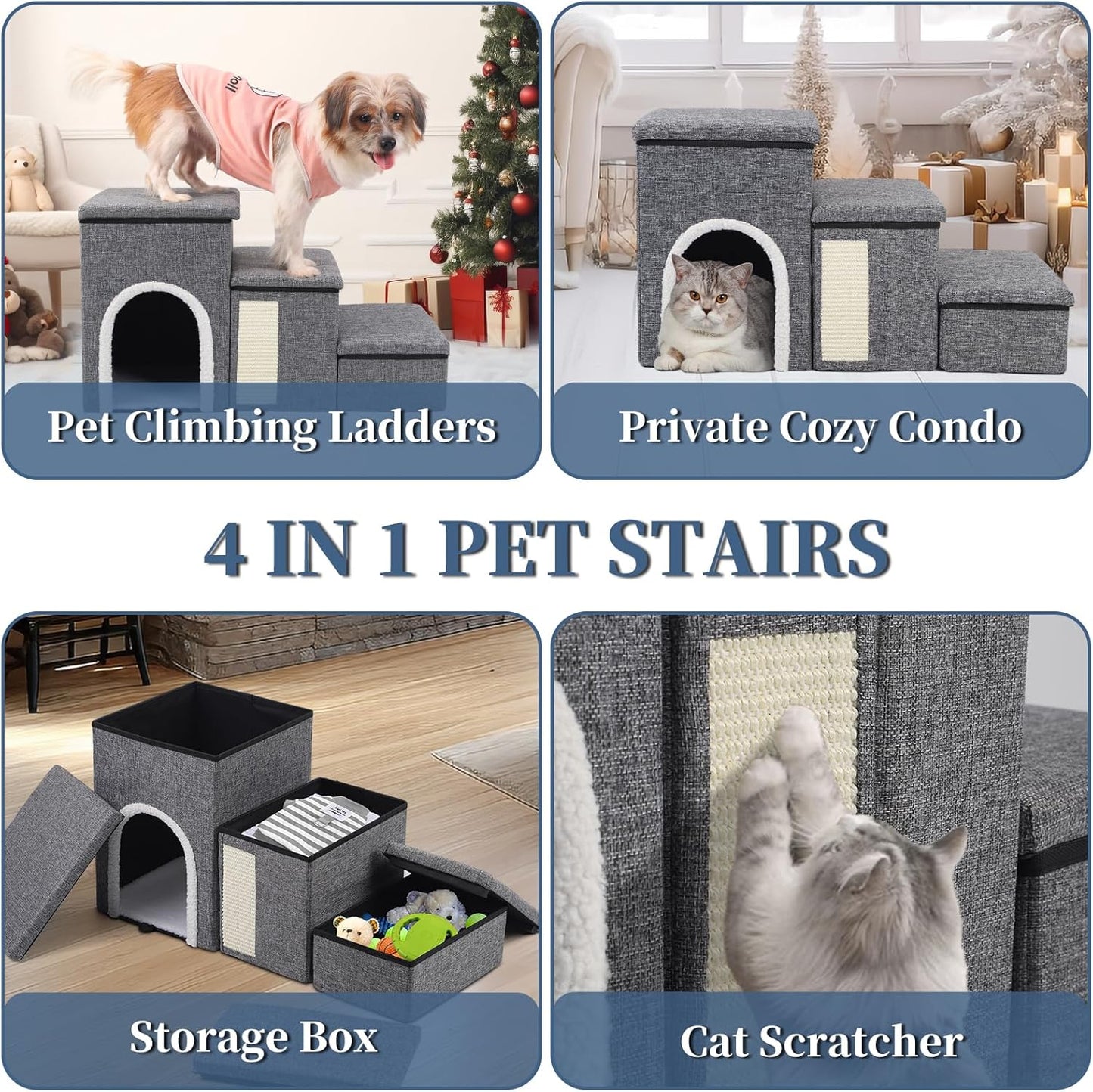 Dog Stairs for High Bed and Couch, 4 IN 1 Foldable Pet Stairs for Cats & Small and Medium Dogs, Adjustable Dog Steps with Pet Climbing Ladders/Cozy Condo/Storage Boxes/Cat Scratcher, Hold Up to 180LBS