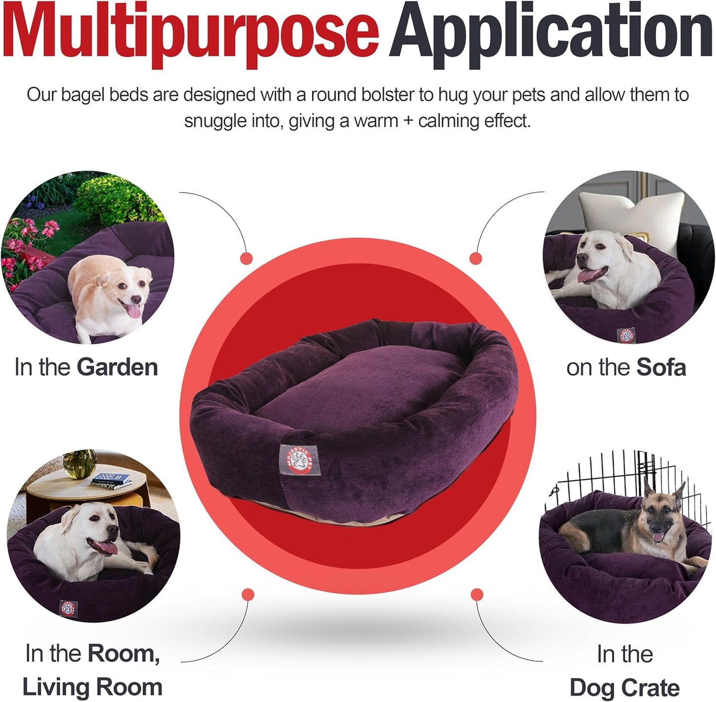 Majestic Pet 52 Inch Micro Velvet Calming Dog Bed Washable 52x35x11 (inch) – Cozy Soft Round Donut Dog Bed with Spine for Head Support -Pet Bed X- Large – Aubergine (2025)