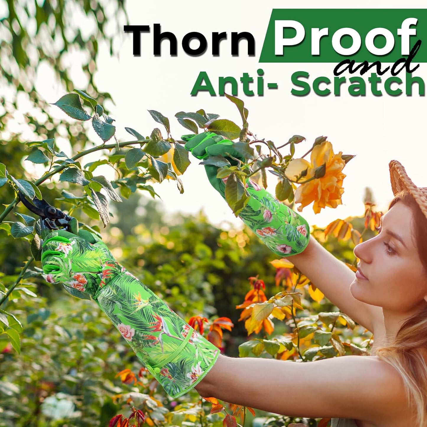 HANDLANDY Women Gardening Gloves, Thorn Proof Breathable Ladies Rose Pruning Long Gauntlet Floral Print Garden Yard Gloves, Gift for Gardeners (Green, L)