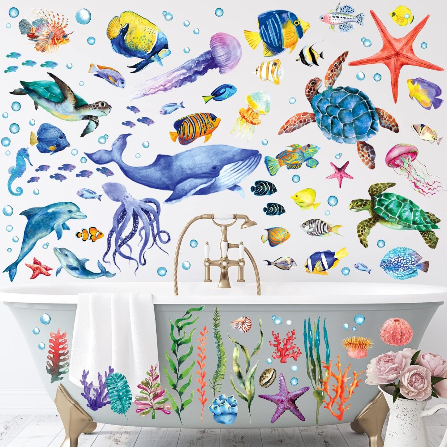BASHOM DS12-8048 128 Pieces Under The Sea Wall Decals Ocean Fish Stickers Turtle Jellyfish Seaweed Removable for Kids Bedroom Nursery Living Room Home Art Decor Bathroom Baby