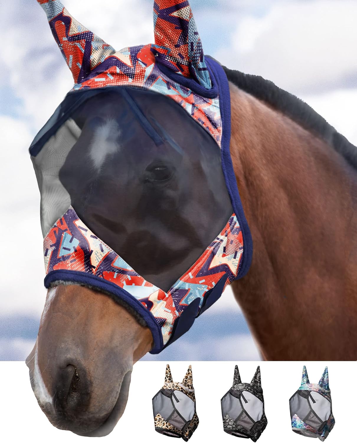Harrison Howard LumiVista Horse Fly Mask Standard with Ears UV Protection for Horse Abstract Graffiti M Cob