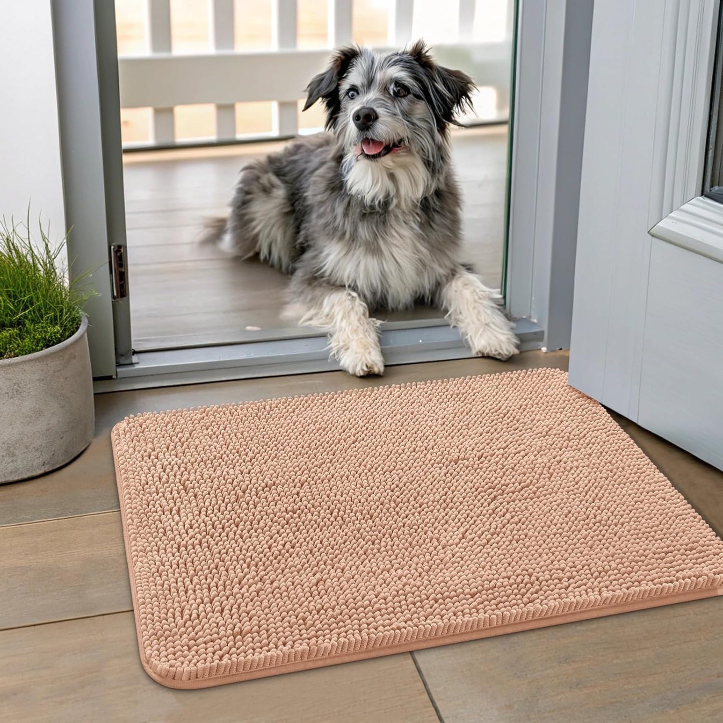 Smiry Dog Door Mat for Muddy Paws 24x16, Absorbs Moisture and Dirt Doormat, Non-Slip Washable Quick Dry Chenille Front Door Mat Indoor Entrance, Entryway Carpet for Inside Floor, Peach