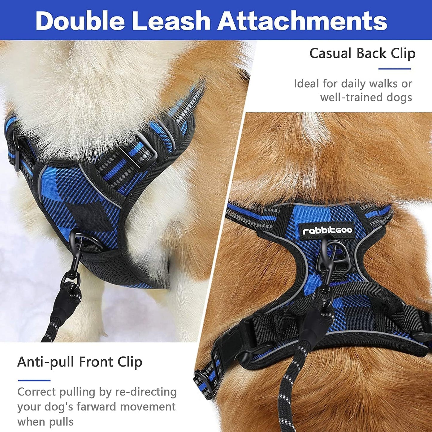 rabbitgoo Dog Harness No-Pull, Comfortable Padded Plaid Harness with Handle Easy Control, Adjustable Reflective Pet Vest with 2 Leash Clips for Small Dog, Blue Plaid, S