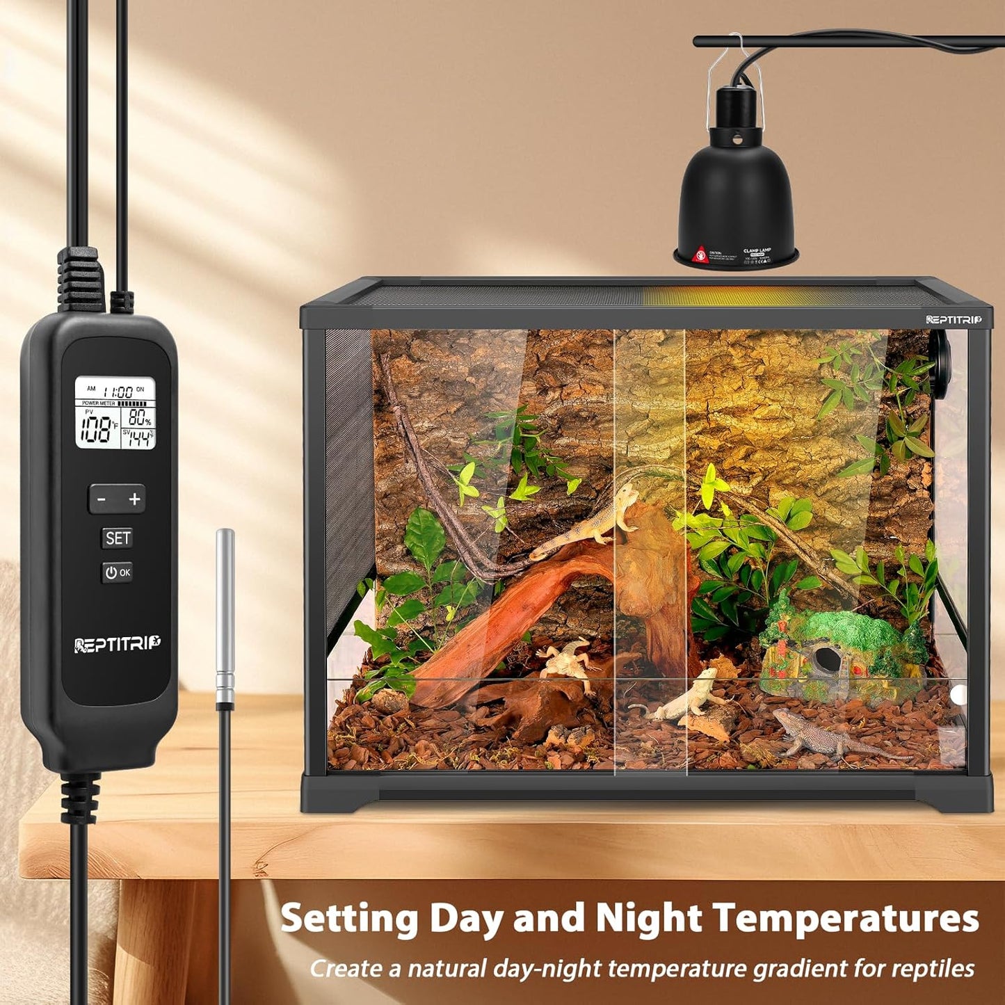 5.5 Inch Day-Night Thermostatic Reptile Heat Light Fixture - Heat Lamp Temperature Controller for Bearded Dragons, Snakes & Lizard – Bulb Not Included (Max 100W)